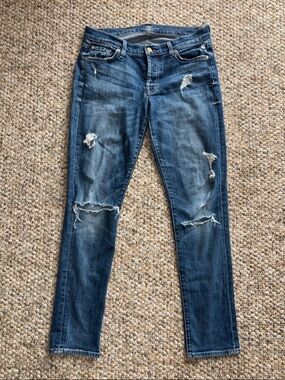7 For All Mankind Distressed Skinny Jeans - Blue Wash